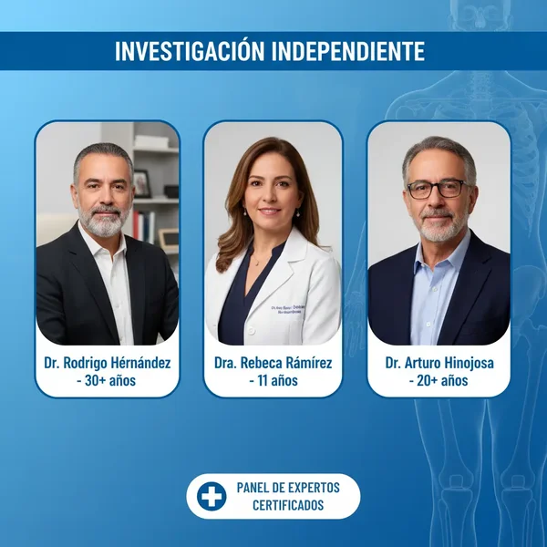 Panel de 3 doctores mexicanos certificados: Dr. Rodrigo Hernández, Dra. Rebeca Ramírez, Dr. Arturo Hinojosa