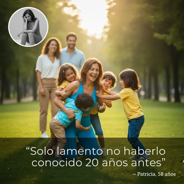 Patricia, 58 años, sonriendo y activa en el parque con sus nietos después de 20 años de sufrimiento