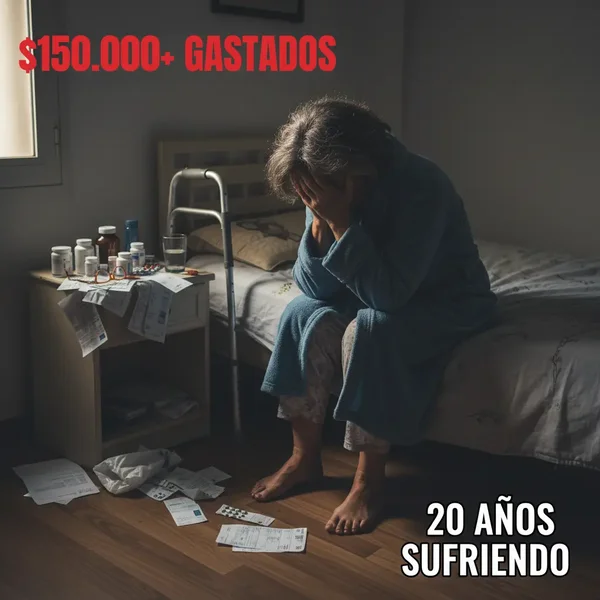 Mujer mexicana frustrada rodeada de pastillas, facturas médicas y medicamentos - $150,000+ gastados
